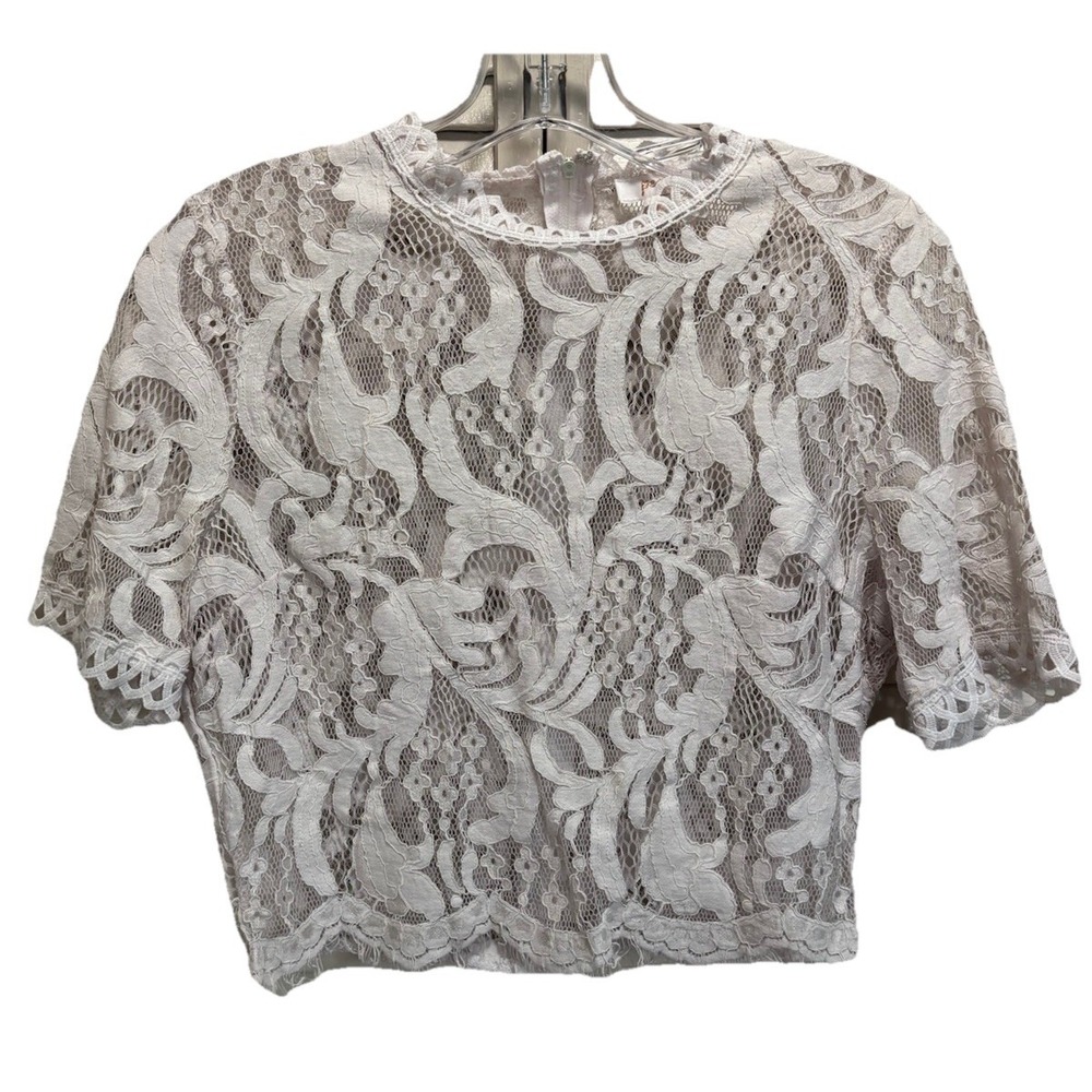 Peach Lace Crop Short Sleeve Top Size Large 1/4 Collar Back Zip
